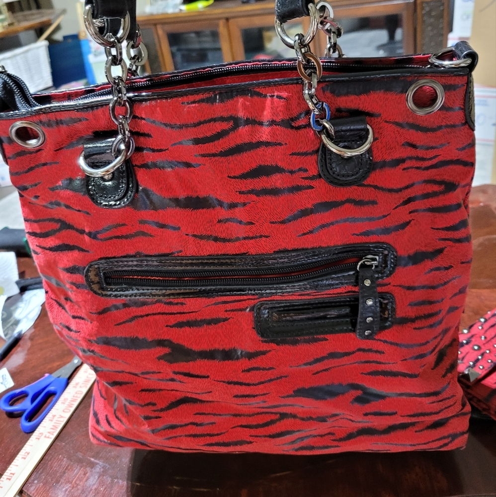 (3026) Mc Bag. With matching billfold,  clutch. Red/Black, animal print,